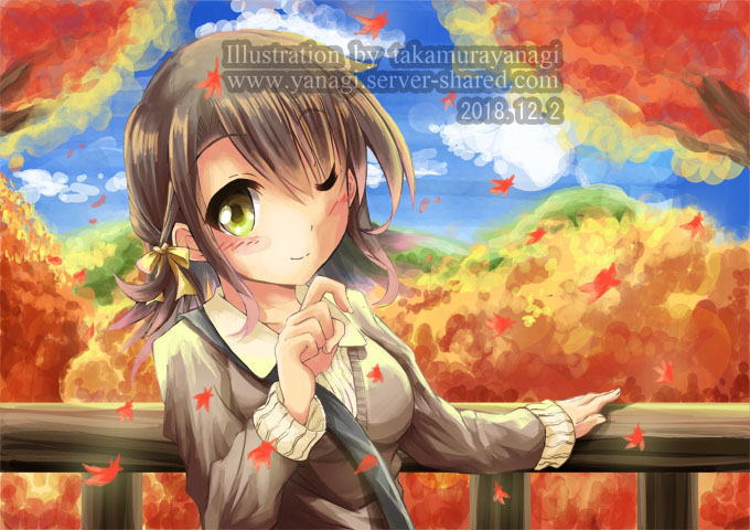 紅葉と女の子の画像