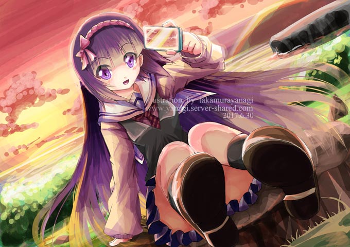 夕焼け空と女の子の画像
