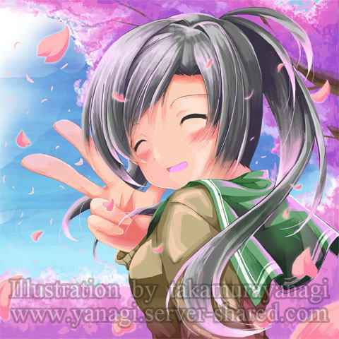 桜の下で笑顔でピースする女の子のイラスト